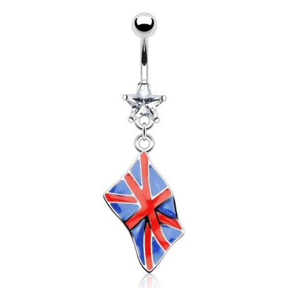 TOTALLY AWESOME SURGICAL STEEL DANGLING BRITISH UNION JACK FLAG NAVEL RING - Picture 1 of 1
